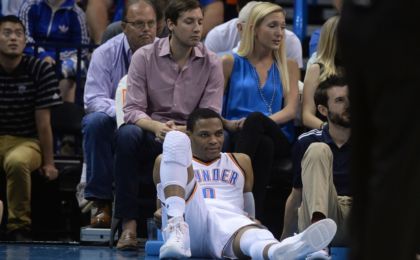 Nov 5, 2016; Oklahoma City, OK, USA; Oklahoma City Thunder guard Russell Westbrook (0) watches his team play against the Minnesota Timberwolves during the fourth quarter at Chesapeake Energy Arena. Mandatory Credit: Mark D. Smith-USA TODAY Sports