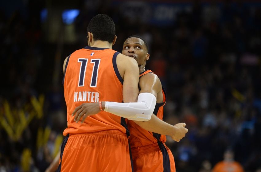 Nov 13, 2016; Oklahoma City, OK, USA; Oklahoma City Thunder center Enes Kanter (11) and Oklahoma City Thunder guard Russell Westbrook (0) react after a play against the Orlando Magic during the third quarter at Chesapeake Energy Arena. Mandatory Credit: Mark D. Smith-USA TODAY Sports