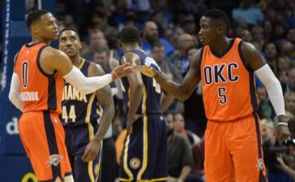 Nov 20, 2016; Oklahoma City, OK, USA; Oklahoma City Thunder guard Russell Westbrook (0) and Oklahoma City Thunder guard Victor Oladipo (5) react after a play against the Indiana Pacers during the second quarter at Chesapeake Energy Arena. Mandatory Credit: Mark D. Smith-USA TODAY Sports