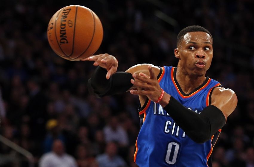 Nov 28, 2016; New York, NY, USA; Oklahoma City Thunder guard Russell Westbrook (0) passes the ball during the first half against the New York Knicks at Madison Square Garden. Mandatory Credit: Adam Hunger-USA TODAY Sports