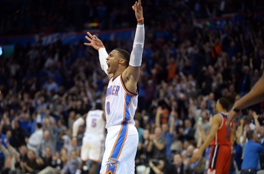 Nov 30, 2016; Oklahoma City, OK, USA; Oklahoma City Thunder guard Russell Westbrook (0) reacts after a play against the Washington Wizards during overtime at Chesapeake Energy Arena. Mandatory Credit: Mark D. Smith-USA TODAY Sports