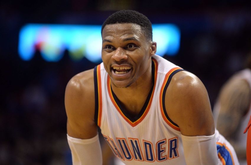 Nov 30, 2016; Oklahoma City, OK, USA; Oklahoma City Thunder guard Russell Westbrook (0) reacts after a play against the Washington Wizards during overtime at Chesapeake Energy Arena. Mandatory Credit: Mark D. Smith-USA TODAY Sports