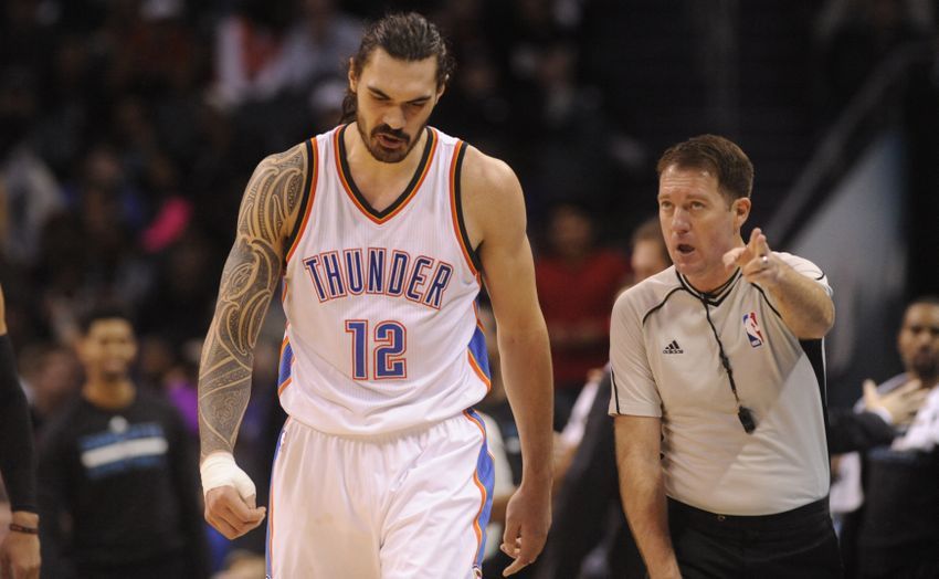 Jan 4, 2017; Charlotte, NC, USA; Oklahoma City Thunder center Steven Adams (12) walks down the court after being called for a foul during the second half against the Charlotte Hornets at the Spectrum Center. The Hornets won 123-112. Mandatory Credit: Sam Sharpe-USA TODAY Sports