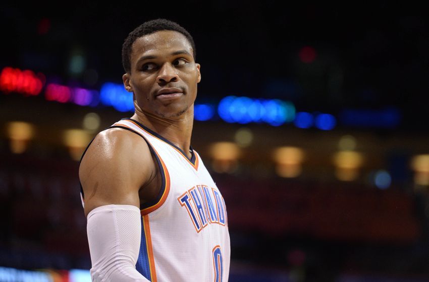 Jan 7, 2017; Oklahoma City, OK, USA; Oklahoma City Thunder guard Russell Westbrook (0) reacts after a play against the Denver Nuggets during the fourth quarter at Chesapeake Energy Arena. Mandatory Credit: Mark D. Smith-USA TODAY Sports