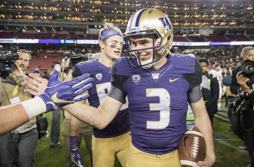 December 2, 2016; Santa Clara, CA, USA; Washington Huskies quarterback Jake Browning (3) celebrates after the Pac-12 championship against the Colorado Buffaloes at Levi