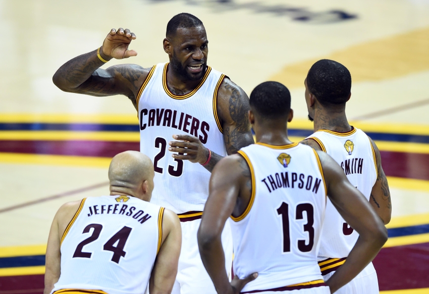 Jun 8, 2016; Cleveland, OH, USA; Cleveland Cavaliers center Tristan Thompson (13) talks to forward Richard Jefferson (24), center Tristan Thompson (13) and guard J.R. Smith (5) during the second quarter in game three of the NBA Finals at Quicken Loans Arena. Mandatory Credit: Bob Donnan-USA TODAY Sports
