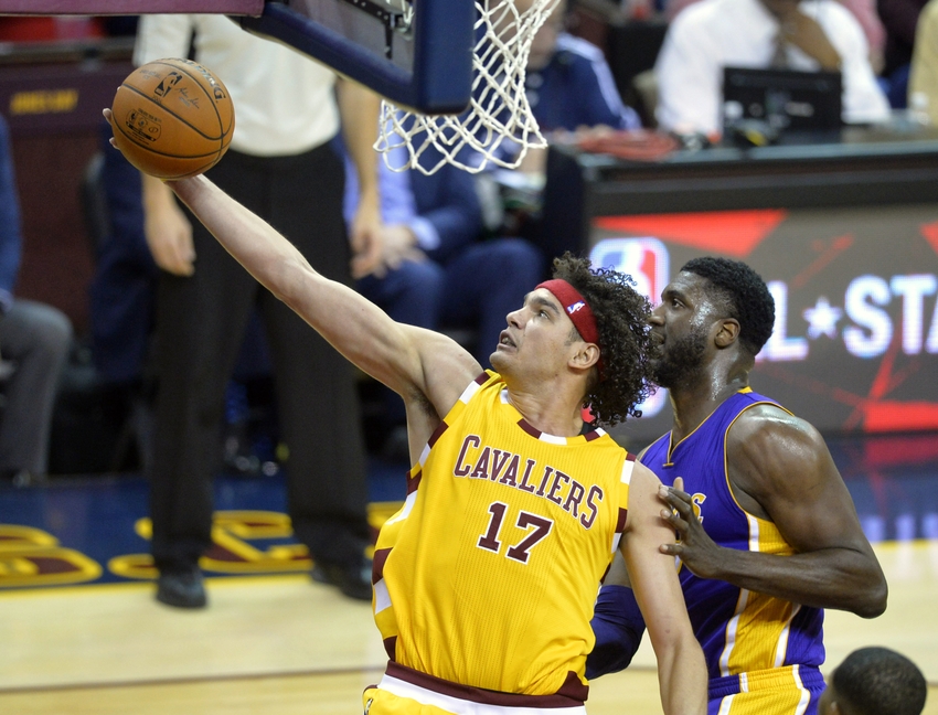 Feb 10, 2016; Cleveland, OH, USA; Cleveland Cavaliers forward Anderson Varejao (17) rebounds beside Los Angeles Lakers center Roy Hibbert (17) in the third quarter at Quicken Loans Arena. Mandatory Credit: David Richard-USA TODAY Sports