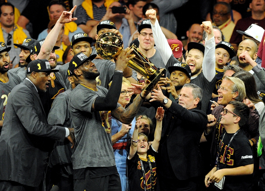 Jun 19, 2016; Oakland, CA, USA; Cleveland Cavaliers forward LeBron James (23) celebratew with the Larry O