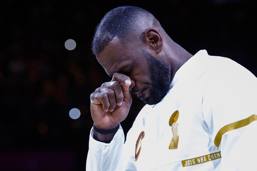 Oct 25, 2016; Cleveland, OH, USA; Cleveland Cavaliers forward LeBron James (23) reacts during the ring ceremony and banner raising ceremony before a game against the New York Knicks at Quicken Loans Arena. Mandatory Credit: Rick Osentoski-USA TODAY Sports
