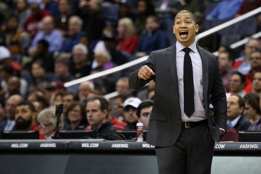 Nov 11, 2016; Washington, DC, USA; Cleveland Cavaliers head coach Tyronn Lue talks from the bench against the Washington Wizards in the second quarter at Verizon Center. The Cavaliers won 105-94. Mandatory Credit: Geoff Burke-USA TODAY Sports