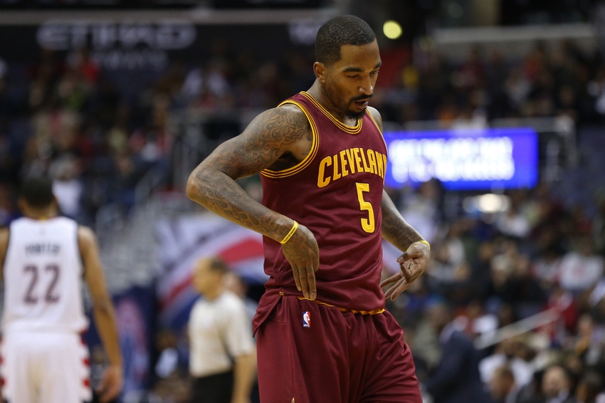 Nov 11, 2016; Washington, DC, USA; Cleveland Cavaliers guard J.R. Smith (5) gestures after making a three point field goal against the Washington Wizards in the third quarter at Verizon Center. The Cavaliers won 105-94. Mandatory Credit: Geoff Burke-USA TODAY Sports