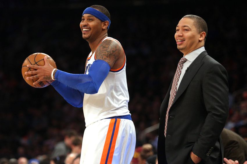 Dec 7, 2016; New York, NY, USA; New York Knicks small forward Carmelo Anthony (7) talks with Cleveland Cavaliers head coach Tyronn Lue before inbounding the ball during the third quarter at Madison Square Garden. Mandatory Credit: Brad Penner-USA TODAY Sports