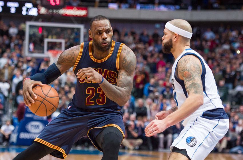 Jan 12, 2016; Dallas, TX, USA; Dallas Mavericks guard Deron Williams (8) guards Cleveland Cavaliers forward LeBron James (23) during the game at the American Airlines Center. The Cavaliers defeat the Mavericks 110-107 in overtime. Mandatory Credit: Jerome Miron-USA TODAY Sports