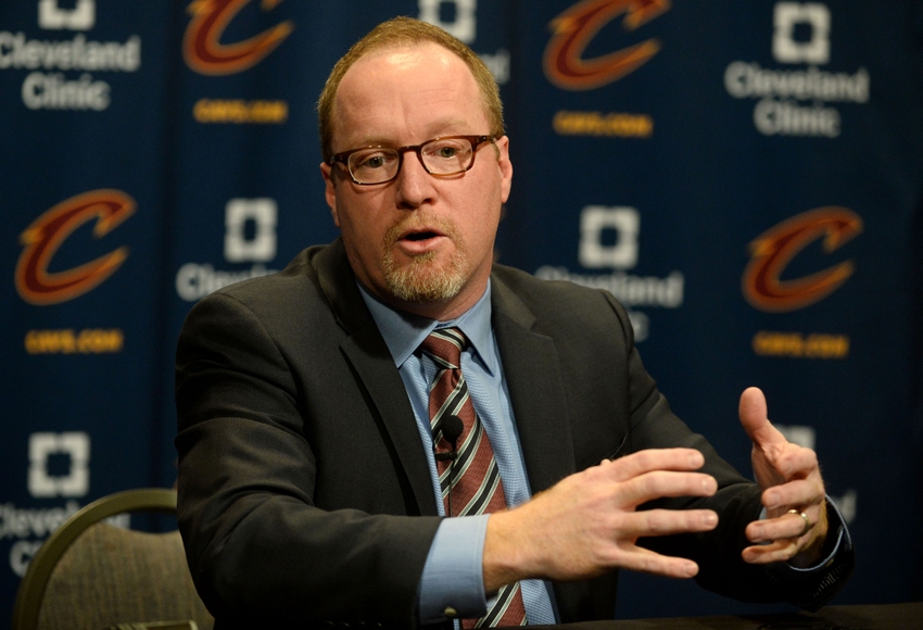 Feb 18, 2016; Cleveland, OH, USA; Cleveland Cavaliers general manager David Griffin talks with the media before the game between the Cleveland Cavaliers and the Chicago Bulls at Quicken Loans Arena. Mandatory Credit: Ken Blaze-USA TODAY Sports