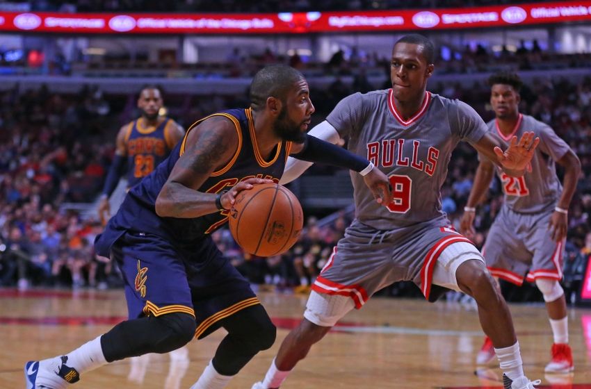 Dec 2, 2016; Chicago, IL, USA; Cleveland Cavaliers guard Kyrie Irving (2) is defended by Chicago Bulls guard Rajon Rondo (9) during the second half at the United Center. Chicago won 111-105. Mandatory Credit: Dennis Wierzbicki-USA TODAY Sports