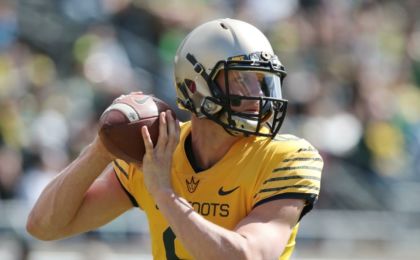 Apr 30, 2016; Eugene, OR, USA; Oregon Ducks quarterback (9) Dakota Prukop sets to throw a pass before the game at Autzen Stadium. Mandatory Credit: Scott Olmos-USA TODAY Sports