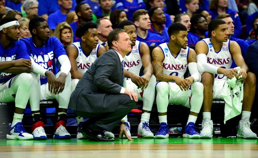 Mar 17, 2016; Des Moines, IA, USA; Kansas Jayhawks head coach Bill Self talks with his bench during the second half against the Austin Peay Governors in the first round of the 2016 NCAA Tournament at Wells Fargo Arena. Mandatory Credit: Jeffrey Becker-USA TODAY Sports