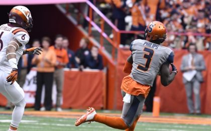 Oct 15, 2016; Syracuse, NY, USA; Syracuse Orange wide receiver Ervin Philips (3) beats Virginia Tech Hokies safety Mook Reynolds (6) to catch a pass for a touchdown during the first quarter in a game at the Carrier Dome. Mandatory Credit: Mark Konezny-USA TODAY Sports