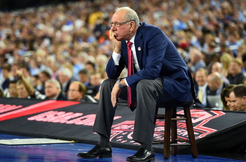 Apr 2, 2016; Houston, TX, USA; Syracuse Orange head coach Jim Boeheim reacts during the first half against the North Carolina Tar Heels in the 2016 NCAA Men