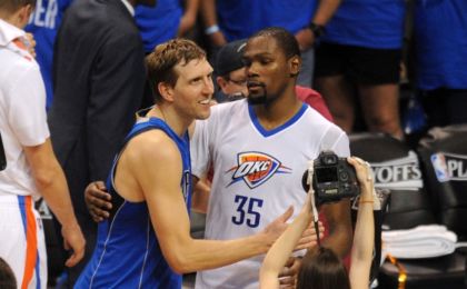 Apr 25, 2016; Oklahoma City, OK, USA; Oklahoma City Thunder forward Kevin Durant (35) and Dallas Mavericks forward Dirk Nowitzki (41) greet each other after the Thunder defeated the Mavericks 118-104 in game five of the first round of the NBA Playoffs at Chesapeake Energy Arena. Mandatory Credit: Mark D. Smith-USA TODAY Sports