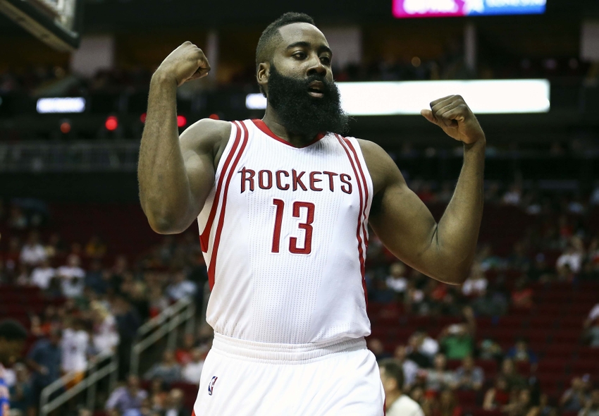 Oct 4, 2016; Houston, TX, USA; Houston Rockets guard James Harden (13) reacts after a play during the second quarter against the New York Knicks at Toyota Center. Mandatory Credit: Troy Taormina-USA TODAY Sports