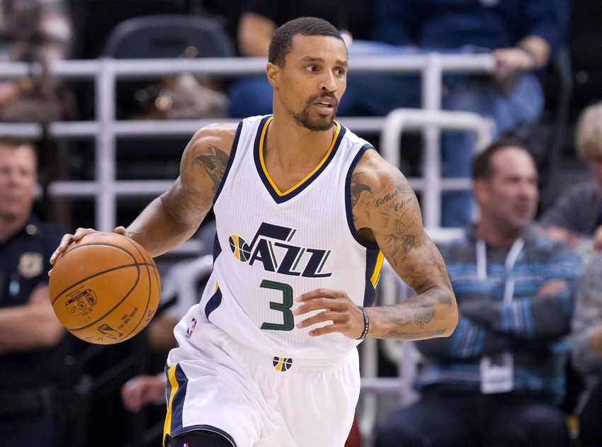 Oct 17, 2016; Salt Lake City, UT, USA; Utah Jazz guard George Hill (3) dribbles the ball during the first half against the Los Angeles Clippers at Vivint Smart Home Arena. Mandatory Credit: Russ Isabella-USA TODAY Sports
