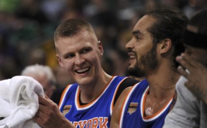 Oct 19, 2016; Boston, MA, USA; New York Knicks forward Kristaps Porzingis (6) has a laugh on the bench during the second half against the Boston Celtics at TD Garden. Mandatory Credit: Bob DeChiara-USA TODAY Sports