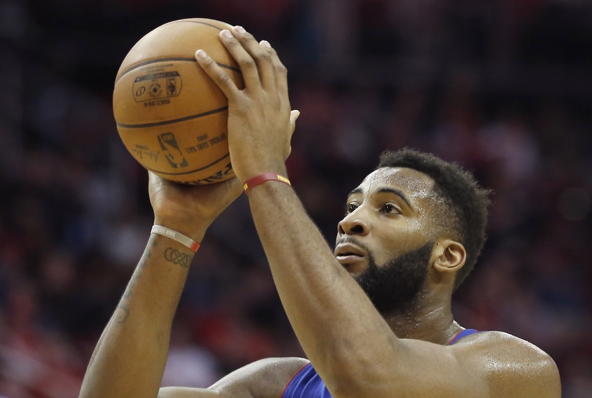 Jan 20, 2016; Houston, TX, USA; Detroit Pistons center Andre Drummond (0) shoots a free throw agains the Houston Rockets in the second half at Toyota Center. Pistons won 123 to 114. Mandatory Credit: Thomas B. Shea-USA TODAY Sports