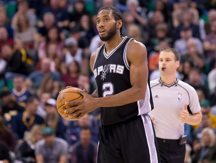 Nov 4, 2016; Salt Lake City, UT, USA; San Antonio Spurs forward Kawhi Leonard (2) holds the ball during the second half against the Utah Jazz at Vivint Smart Home Arena. San Antonio won 100-86. Mandatory Credit: Russ Isabella-USA TODAY Sports