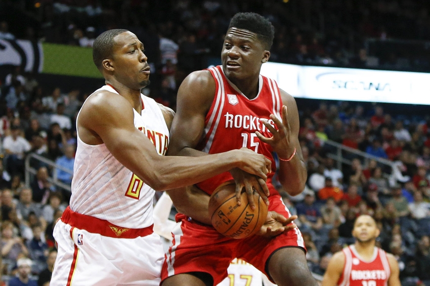 Nov 5, 2016; Atlanta, GA, USA; Atlanta Hawks center Dwight Howard (8) grabs the ball from Houston Rockets center Clint Capela (15) in the first quarter at Philips Arena. Mandatory Credit: Brett Davis-USA TODAY Sports