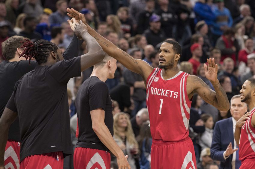 Dec 17, 2016; Minneapolis, MN, USA; Houston Rockets forward Trevor Ariza (1) celebrates with teammates after making a game tying shot in the fourth quarter against the Minnesota Timberwolves at Target Center. The Rockets won 111-109 in Overtime. Mandatory Credit: Jesse Johnson-USA TODAY Sports
