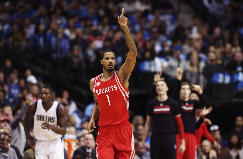 Dec 27, 2016; Dallas, TX, USA; Houston Rockets forward Trevor Ariza (1) reacts after scoring during the first half against the Dallas Mavericks at American Airlines Center. Mandatory Credit: Kevin Jairaj-USA TODAY Sports