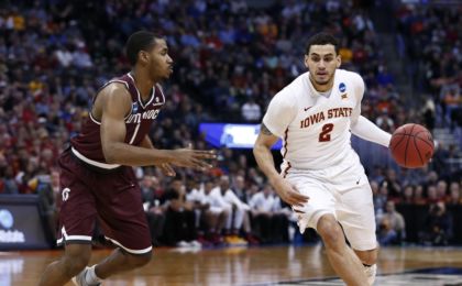Mar 19, 2016; Denver , CO, USA;Arkansas Little Rock Trojans guard Jalen Jackson (1) defends as Iowa State Cyclones forward Abdel Nader (2) drives in first half action of Iowa State vs Arkansas Little Rock during the second round of the 2016 NCAA Tournament at Pepsi Center. Mandatory Credit: Isaiah J. Downing-USA TODAY Sports