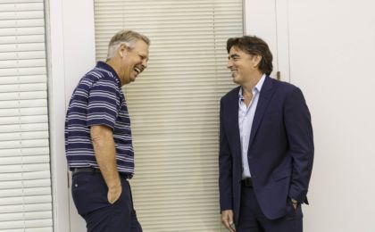 Sep 25, 2015; Waltham, MA, USA; Boston Celtics GM Danny Ainge (left) and co-owner Wyc Grousbeck, during media day at the Boston Celtic Practice Facility. Mandatory Credit: David Butler II-USA TODAY Sports