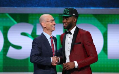 Jun 23, 2016; New York, NY, USA; Jaylen Brown (California) greets NBA commissioner Adam Silver after being selected as the number three overall pick to the Boston Celtics in the first round of the 2016 NBA Draft at Barclays Center. Mandatory Credit: Jerry Lai-USA TODAY Sports