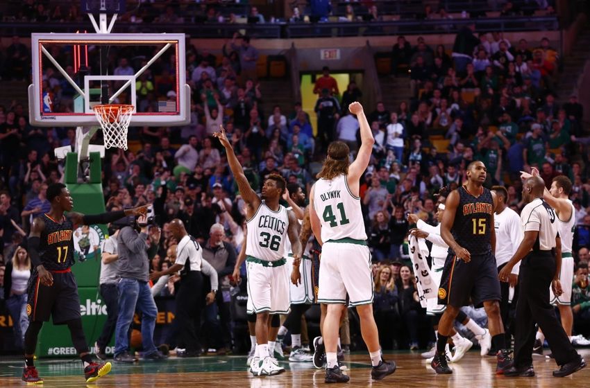 Nov 13, 2015; Boston, MA, USA; Boston Celtics guard Marcus Smart (36) and center Kelly Olynyk (41) celebrate against the Atlanta Hawks during the second half at TD Garden. Mandatory Credit: Mark L. Baer-USA TODAY Sports
