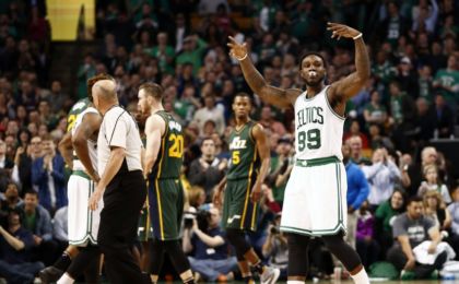 Feb 29, 2016; Boston, MA, USA; Boston Celtics forward Jae Crowder (99) celebrates against the Utah Jazz during the second half at TD Garden. Mandatory Credit: Mark L. Baer-USA TODAY Sports