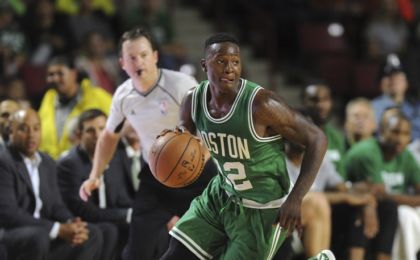 Oct 4, 2016; Amherst, MA, USA; Boston Celtics guard Terry Rozier (12) dribbles the ball during the first half against the Philadelphia 76ers at William D. Mullins Center. Mandatory Credit: Bob DeChiara-USA TODAY Sports