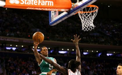 Oct 15, 2016; New York, NY, USA; Boston Celtics guard Demetrius Jackson (9) takes a shot while being defended by New York Knicks firward Maurice Ndour (2) during the second half at Madison Square Garden. The Celtics won 119-107. Mandatory Credit: Andy Marlin-USA TODAY Sports