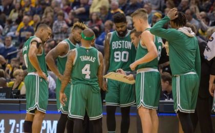 Nov 12, 2016; Indianapolis, IN, USA; Boston Celtics head coach Brad Stevens draws up a play during a timeout for his team in the second half of the game against the Indiana Pacers at Bankers Life Fieldhouse. Boston Celtics beat the Indiana Pacers 105 to 99. Mandatory Credit: Trevor Ruszkowski-USA TODAY Sports