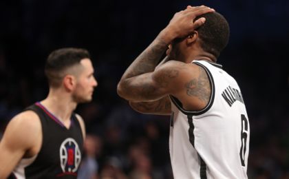 Nov 29, 2016; Brooklyn, NY, USA; Brooklyn Nets shooting guard Sean Kilpatrick (6) reacts after missing a shot against the Los Angeles Clippers with the score tied late during the first overtime quarter at Barclays Center. Mandatory Credit: Brad Penner-USA TODAY Sports