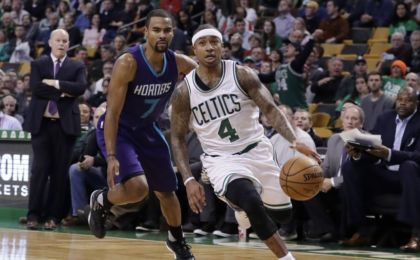 Dec 16, 2016; Boston, MA, USA; Boston Celtics guard Isaiah Thomas (4) drives the ball past Charlotte Hornets guard Ramon Sessions (7) in the second half at TD Garden. The Celtics defeated Charlotte 96-88. Mandatory Credit: David Butler II-USA TODAY Sports