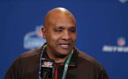 Feb 24, 2016; Indianapolis, IN, USA; Cleveland Browns coach Hue Jackson speaks to the media during the 2016 NFL Scouting Combine at Lucas Oil Stadium. Mandatory Credit: Brian Spurlock-USA TODAY Sports