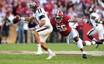 Oct 22, 2016; Tuscaloosa, AL, USA; Alabama Crimson Tide linebacker Tim Williams (56) sacks Texas A&M Aggies quarterback Trevor Knight (8) during the third quarter at Bryant-Denny Stadium. Mandatory Credit: John David Mercer-USA TODAY Sports