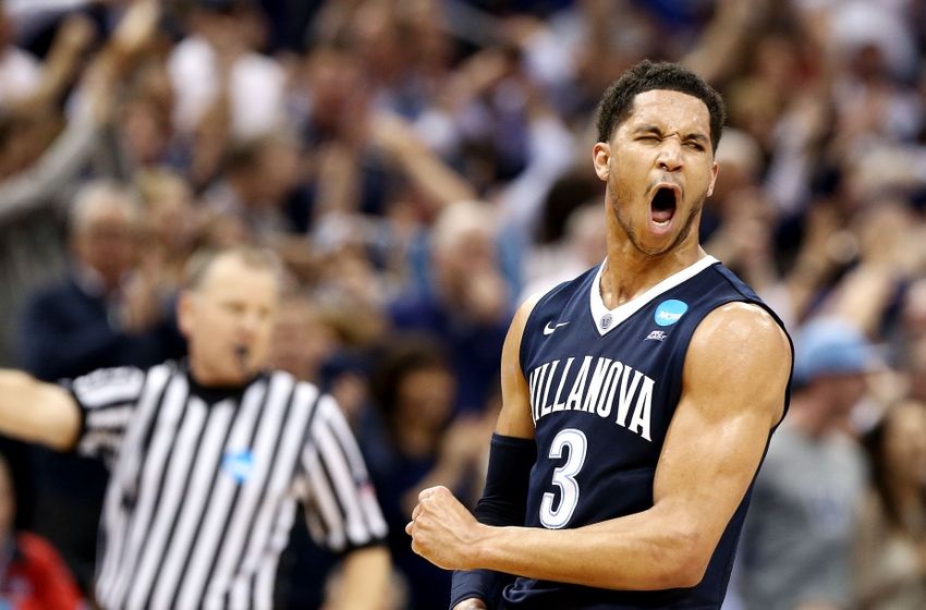 Mar 26, 2016; Louisville, KY, USA; Villanova Wildcats guard Josh Hart (3) reacts after a play against the Kansas Jayhawks during the second half of the south regional final of the NCAA Tournament at KFC YUM!. Mandatory Credit: Aaron Doster-USA TODAY Sports