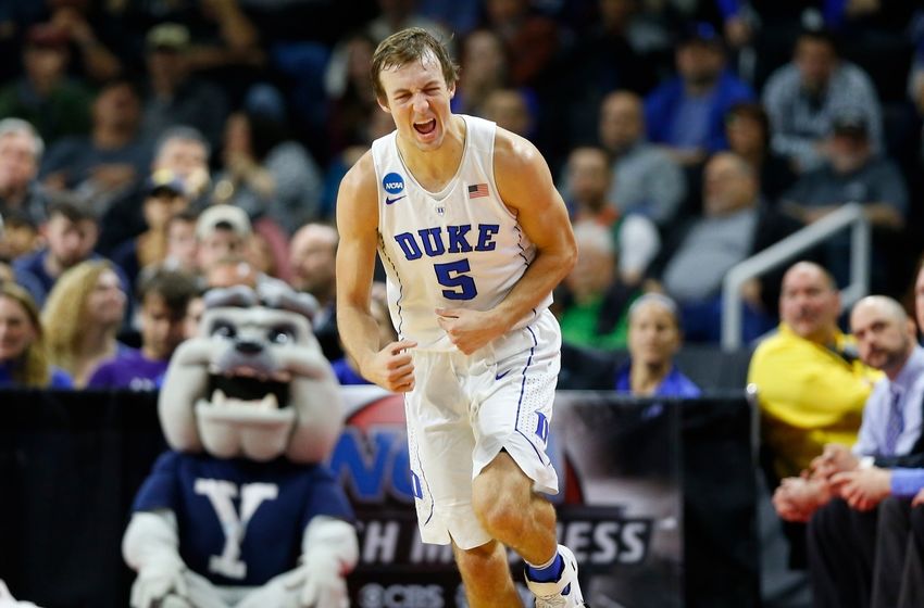 Mar 19, 2016; Providence, RI, USA; Duke Blue Devils guard Luke Kennard (5) reacts to scoring against the Yale Bulldogs during the first half of a second round game of the 2016 NCAA Tournament at Dunkin Donuts Center. Mandatory Credit: Winslow Townson-USA TODAY Sports