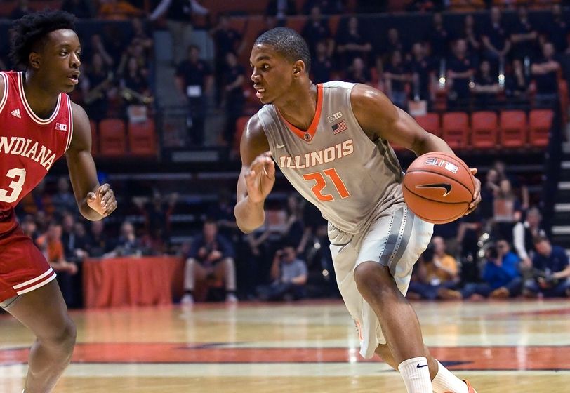Feb 25, 2016; Champaign, IL, USA; Illinois Fighting Illini guard Malcolm Hill (21) drives to the basket defended by Indiana Hoosiers forward OG Anunoby (3) during the first half at State Farm Center. Mandatory Credit: Mike Granse-USA TODAY Sports