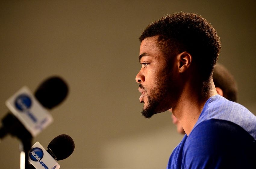Mar 16, 2016; Des Moines, IA, USA; Kansas Jayhawks guard Frank Mason III (0) speaks to the media during a practice day before the first round of the NCAA men's college basketball tournament at Wells Fargo Arena. Mandatory Credit: Jeffrey Becker-USA TODAY Sports