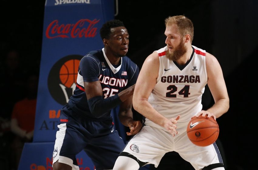 Nov 27, 2015; Paradise Island, BAHAMAS; Gonzaga Bulldogs center Przemek Karnowski (24) looks to shoot as Connecticut Huskies center Amida Brimah (35) defends in the first half during the 2015 Battle 4 Atlantis in the Imperial Arena at the Atlantis Resort. Mandatory Credit: Kevin Jairaj-USA TODAY Sports