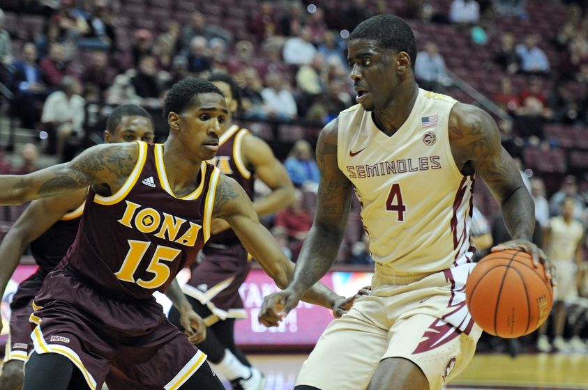 Nov 15, 2016; Tallahassee, FL, USA; Florida State Seminoles guard Dwayne Bacon Jr. (4) moves the ball ball past Iona Gaels guard Deyshonee Much (15) during the game at the Donald L. Tucker Center. Mandatory Credit: Melina Vastola-USA TODAY Sports